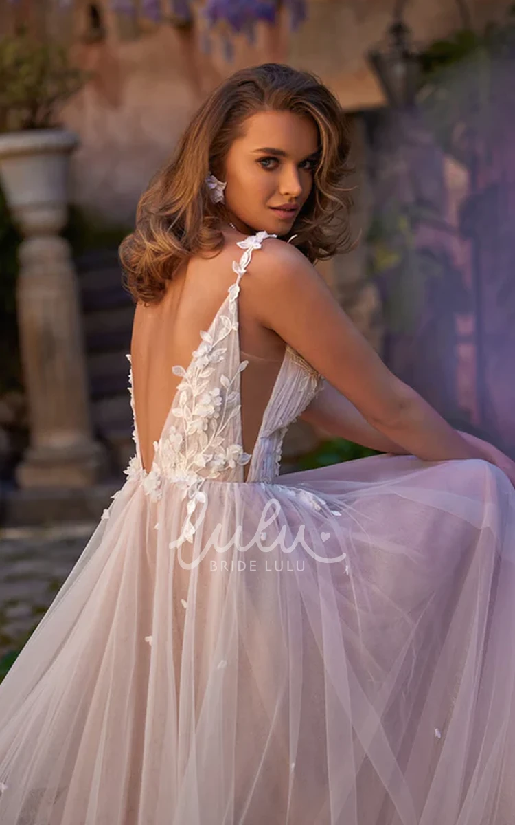 Sexy A-Line Spaghetti V-neck Tulle Wedding Gown Summer Elegant Deep-V Back Petals Bridal Gown