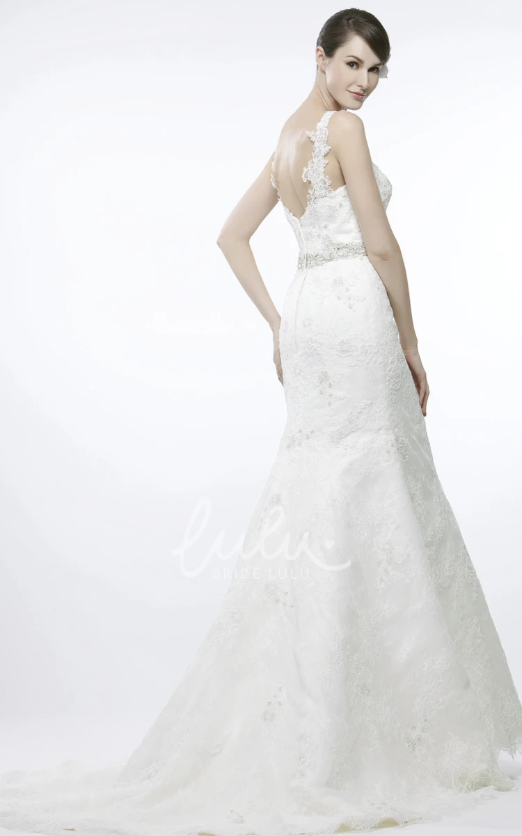 Lace Appliqued Wedding Dress with V-Back and Court Train Floor-Length