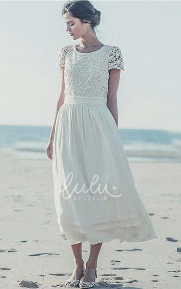 White Lace A-Line Tea Length Wedding Dress with Cap Sleeves