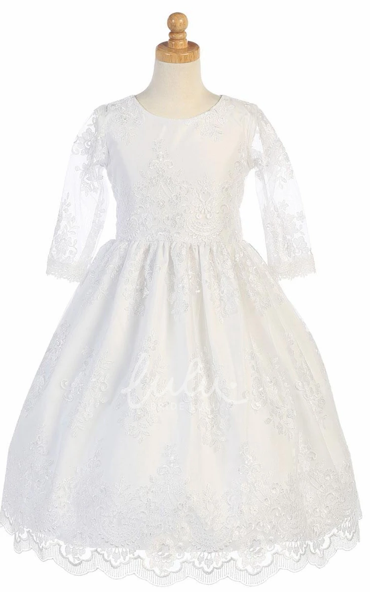 Long-Sleeve Tea-Length Flower Girl Dress with Tiered Tulle and Lace Embroidery