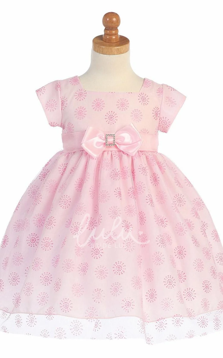 Cap-Sleeve Empire Tulle & Satin Flower Girl Dress Tea-Length with Bow