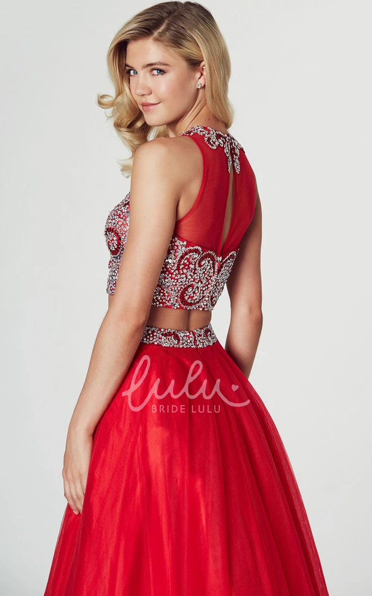 High Neck Sleeveless Beaded Tulle Prom Dress with Illusion Back A-Line