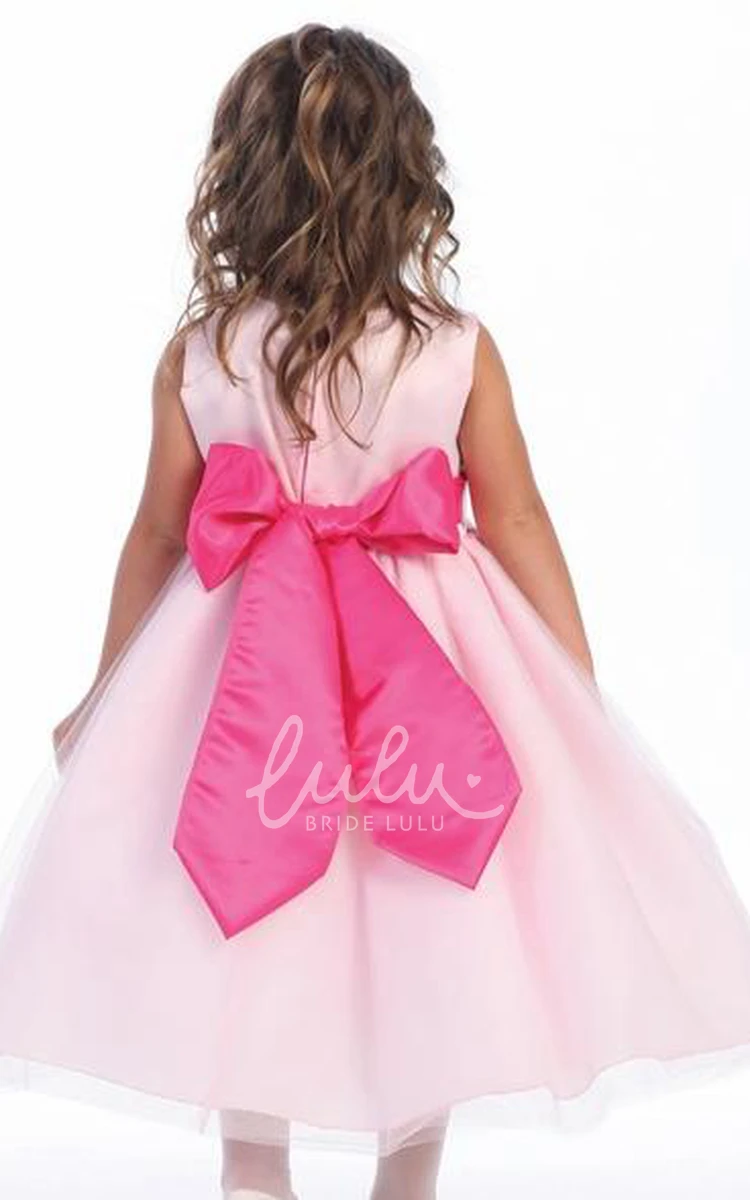 Tiered Floral Tulle&Satin Flower Girl Dress Tea-Length Flowy Elegant