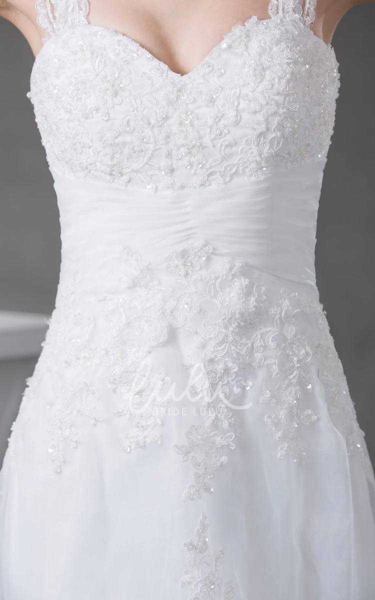 Lace A-Line Wedding Dress with Appliques Plunged Ruched Bridal Gown