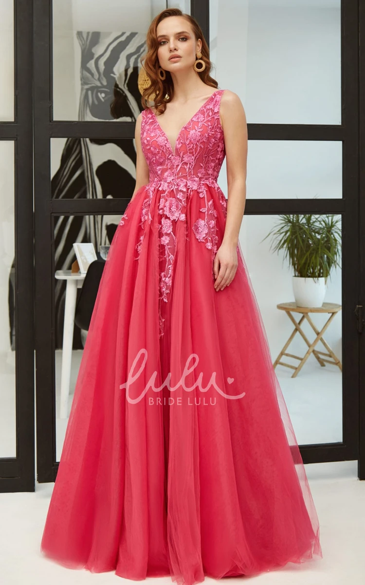 Elegant Lace A-Line Prom Dress V-neck Floor-length Open Back Appliques