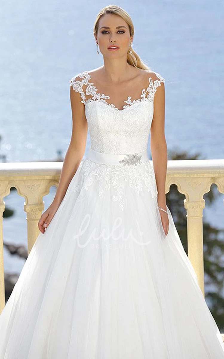 Jeweled Tulle V-Neck Floor-Length Wedding Dress with Appliques