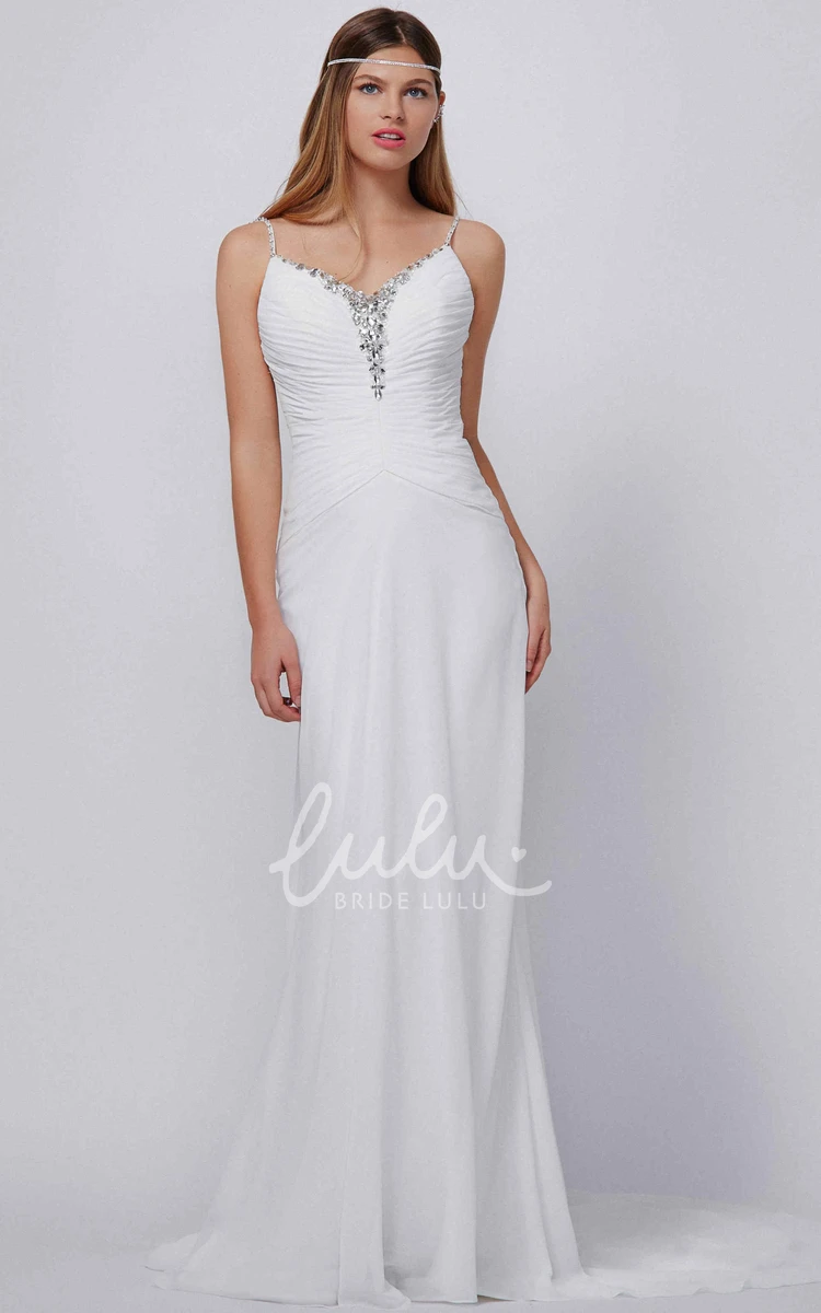 Chiffon Spaghetti Sheath Bridesmaid Dress with Ruched Bodice and Beading