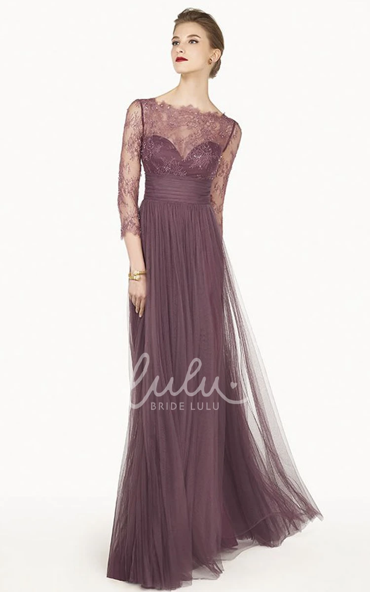 Maxi Tulle Prom Dress with Sheath Silhouette Bateau Neckline and 3-4 Sleeves