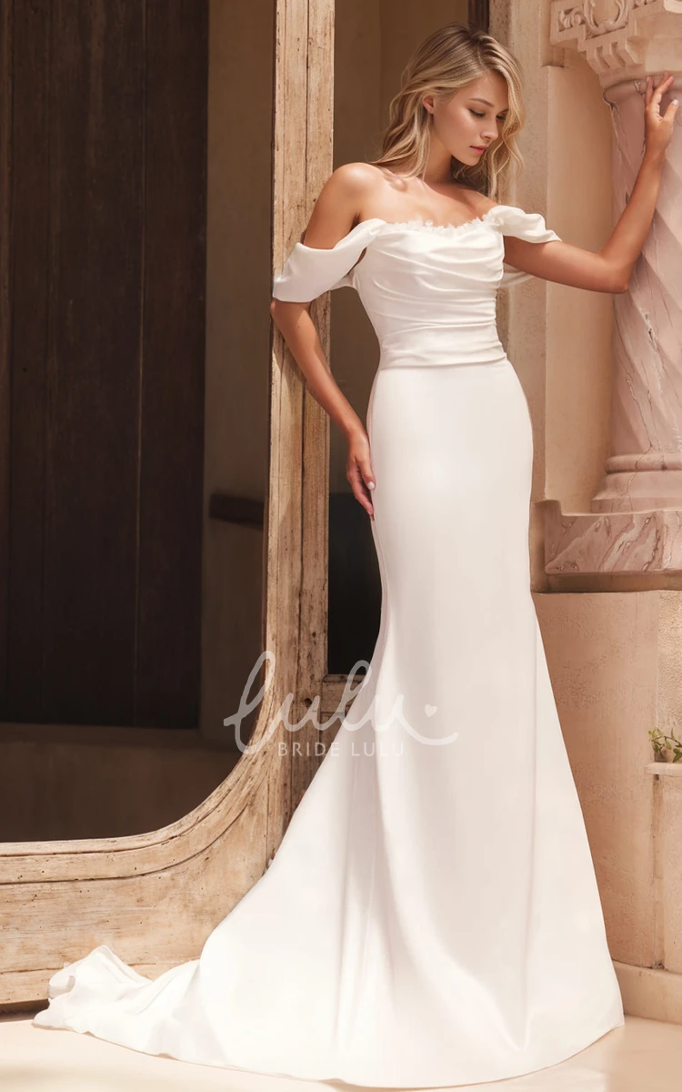 Simple Solid Mermaid Off-the-shoulder Satin Wedding Dress Elegant Ruching Bridal Gown with Train