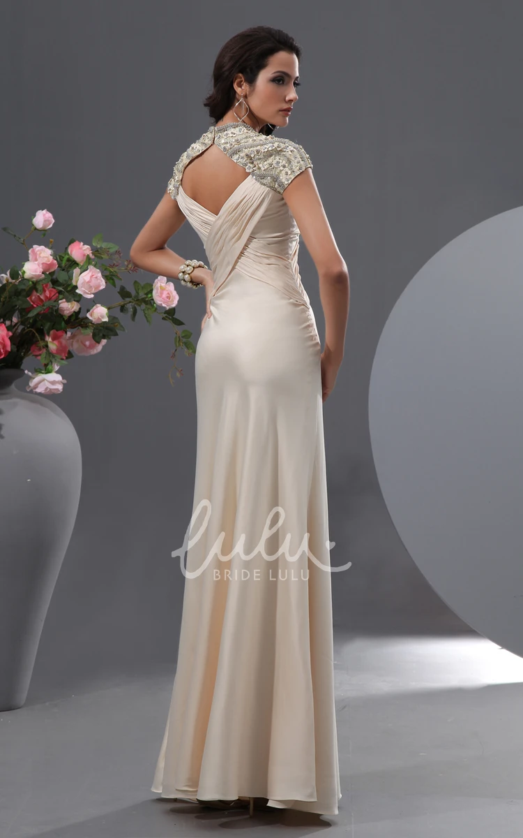 Queen Anne Evening Gown with Cap Sleeves and Beading for Formal Events