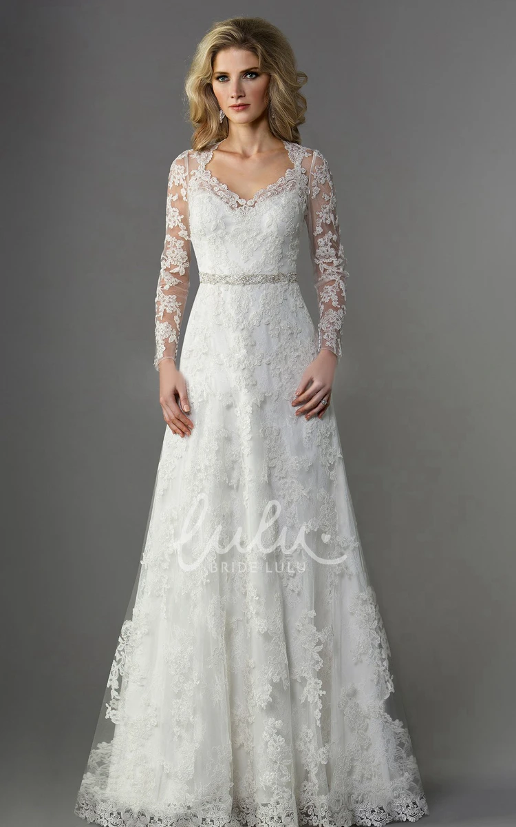 V-Neck A-Line Wedding Dress with Long Sleeves and Illusion Appliques