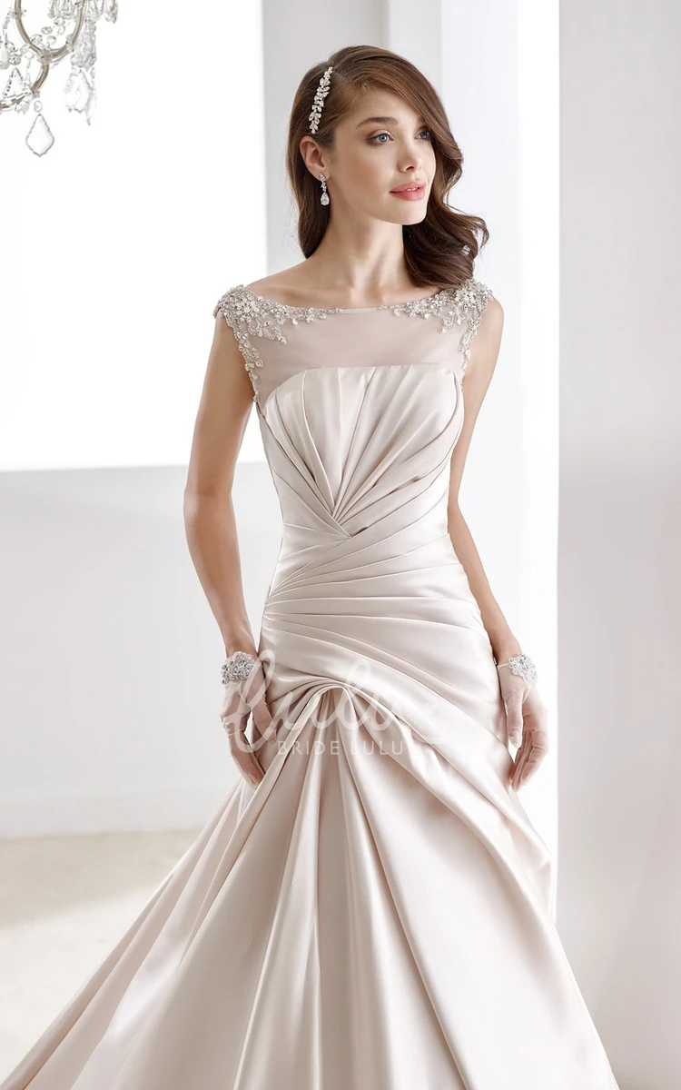 Beaded Satin Gown with Cap Sleeves Pleated Design and Illusive Neckline/Back Elegant Wedding Dress