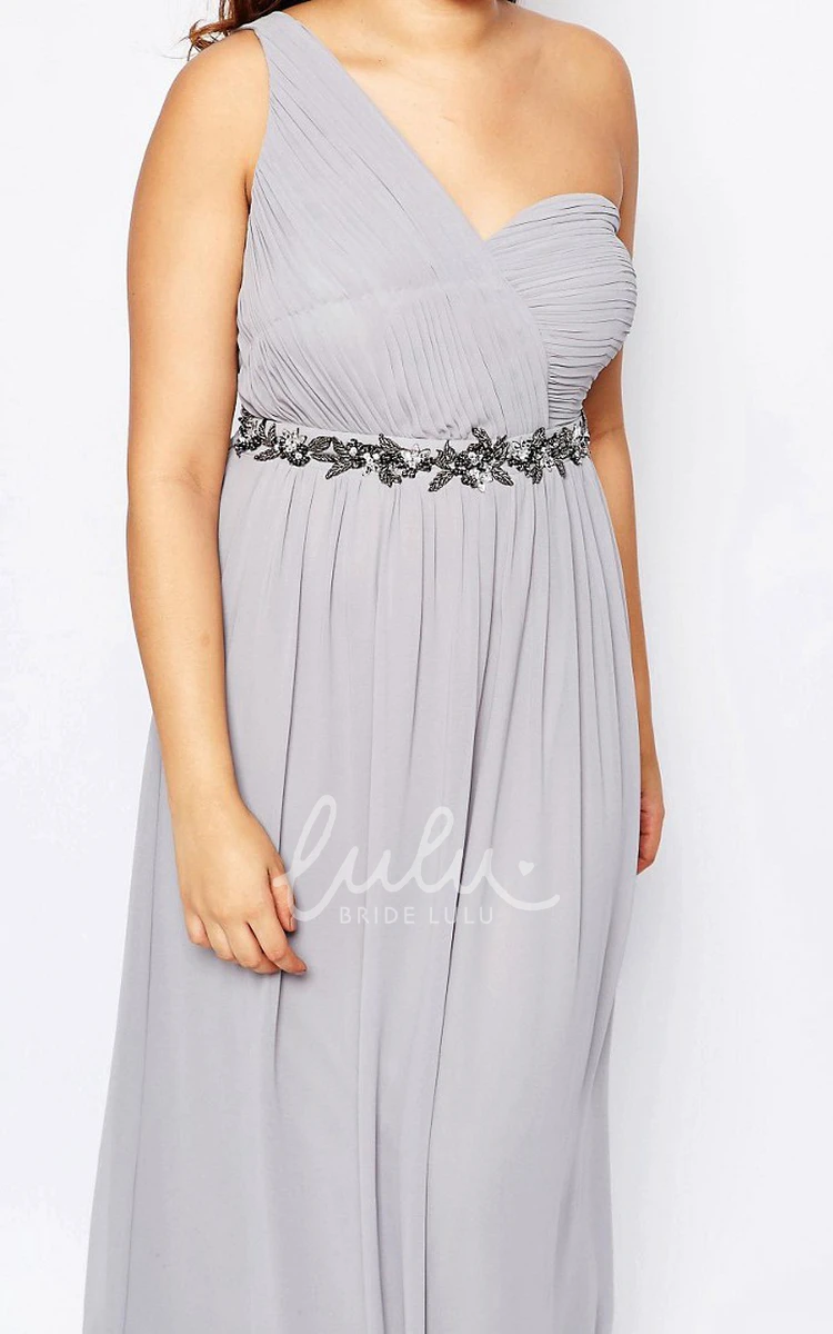 One-Shoulder Ruched Chiffon Bridesmaid Dress Ankle-Length with Waist Jewellery