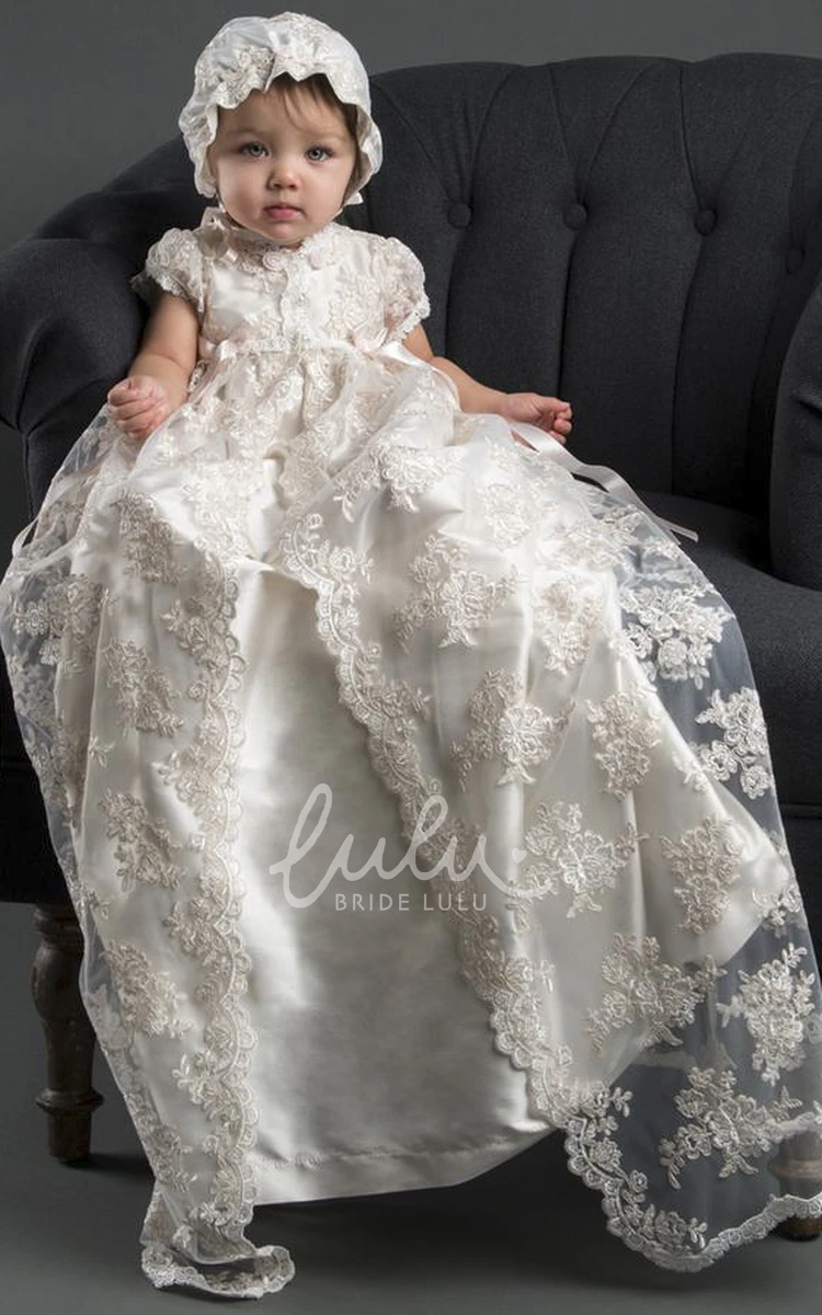 Lace Christening Gown with Appliques and Ribbons Delicate Christening Dress