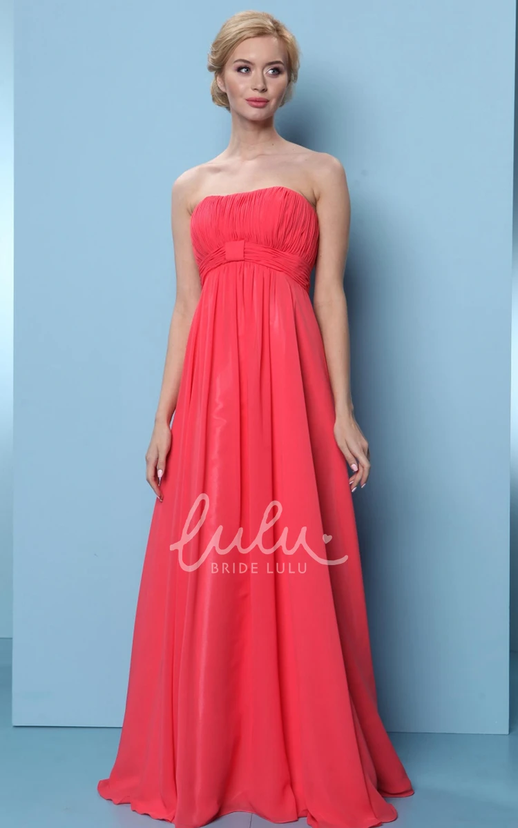 Strapless Ruched Chiffon Bridesmaid Dress with Lace-Up Floor-Length Elegant Women's