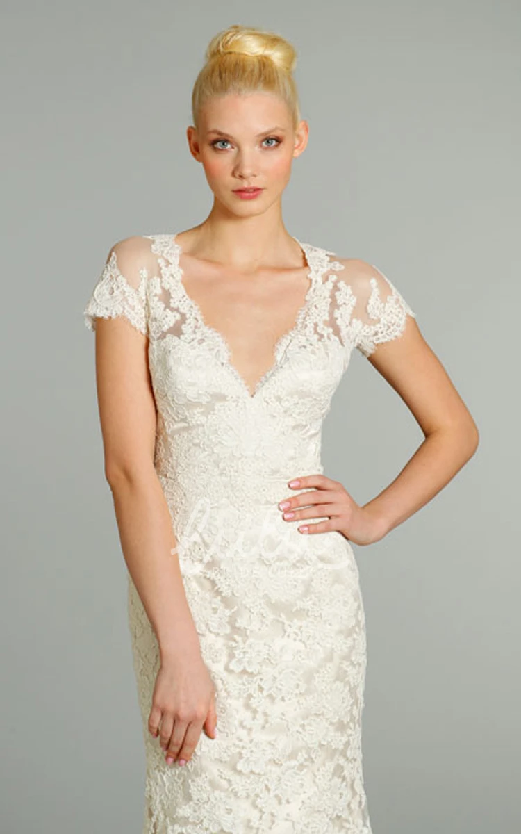 Short Sleeve V-Neck Lace Wedding Dress with Sheer Back Captivating Charmeuse