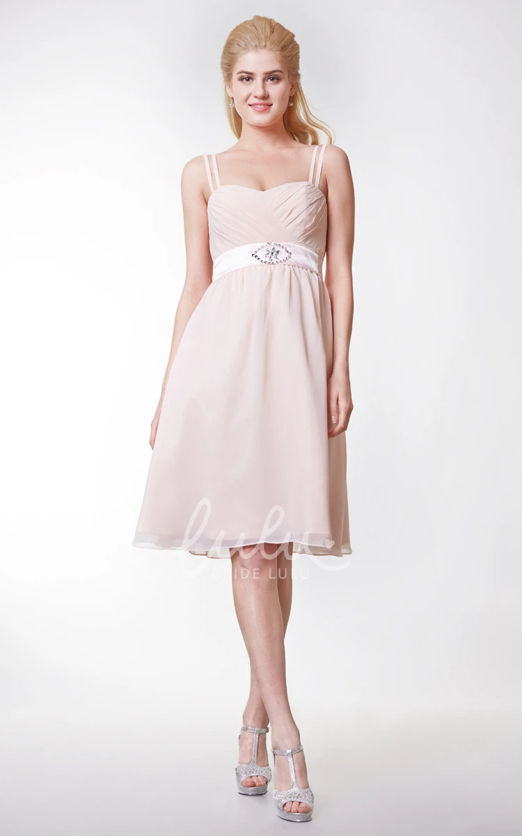 Knee-length Chiffon Dress with Spaghetti Straps Sash Beading and Bow