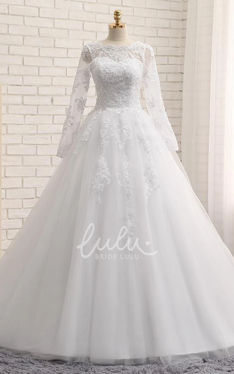 Jewel Long Sleeve Lace Appliques Tulle Dress Modern A-Line Bridal Gown
