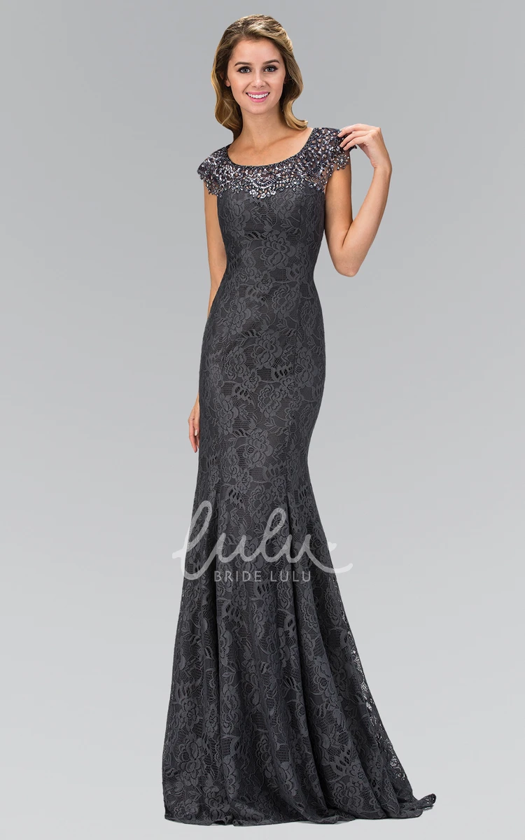 Lace Cap-Sleeve Sheath Formal Dress with Scoop Neckline and Zipper