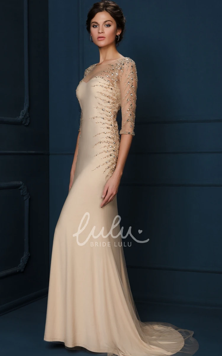 Long-Sleeve Beaded Tulle&Jersey Formal Dress with Scoop-Neck