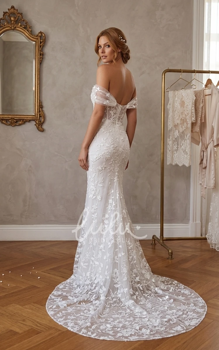 Romantic Sexy Tulle Lace Mermaid Off-the-shoulder Plunging Neckline Spring Wedding Dress Floor-length Sleeveless Appliques Bridal Gown with Open Zipper Back Court Train