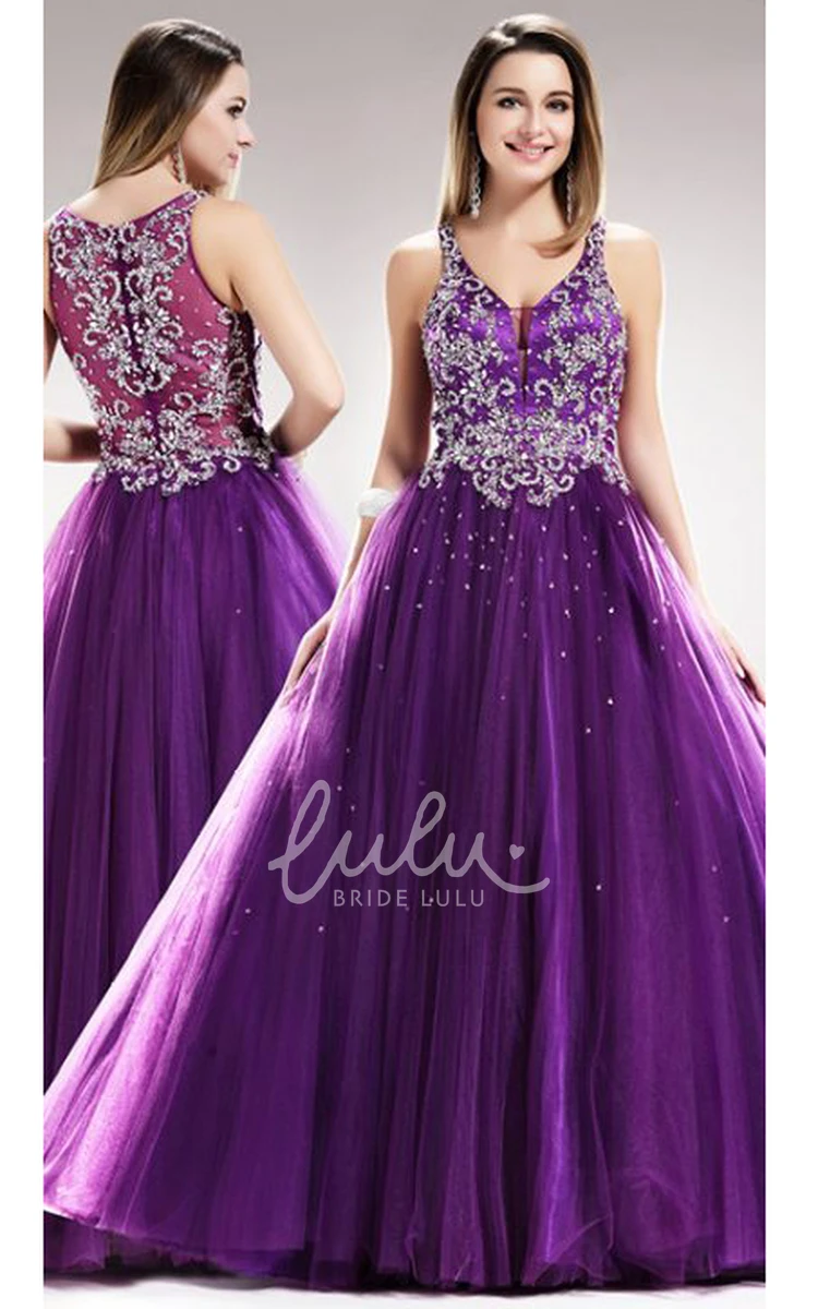 Maxi V-Neck Sleeveless Tulle Satin Prom Dress with Beading and Pleats Ball Gown