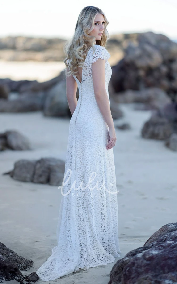 Vintage Lace Sheath Wedding Dress with Low-V Back Short Cap Sleeve and Floor-length