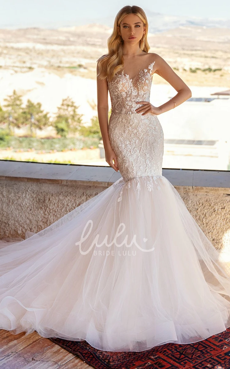 Sleeveless Lace Mermaid Wedding Dress with Illusion Romantic & Floor-length