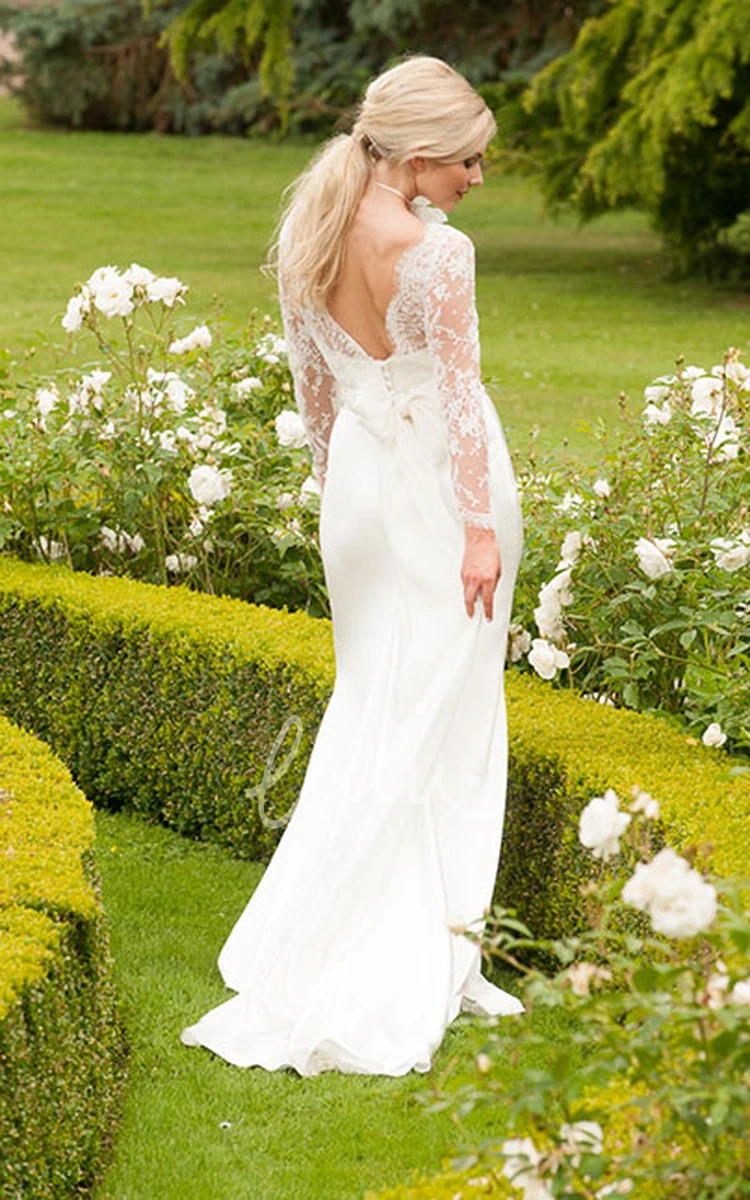 Floral Chiffon Wedding Dress with V Back and Sweep Train Long Sleeves High Neck