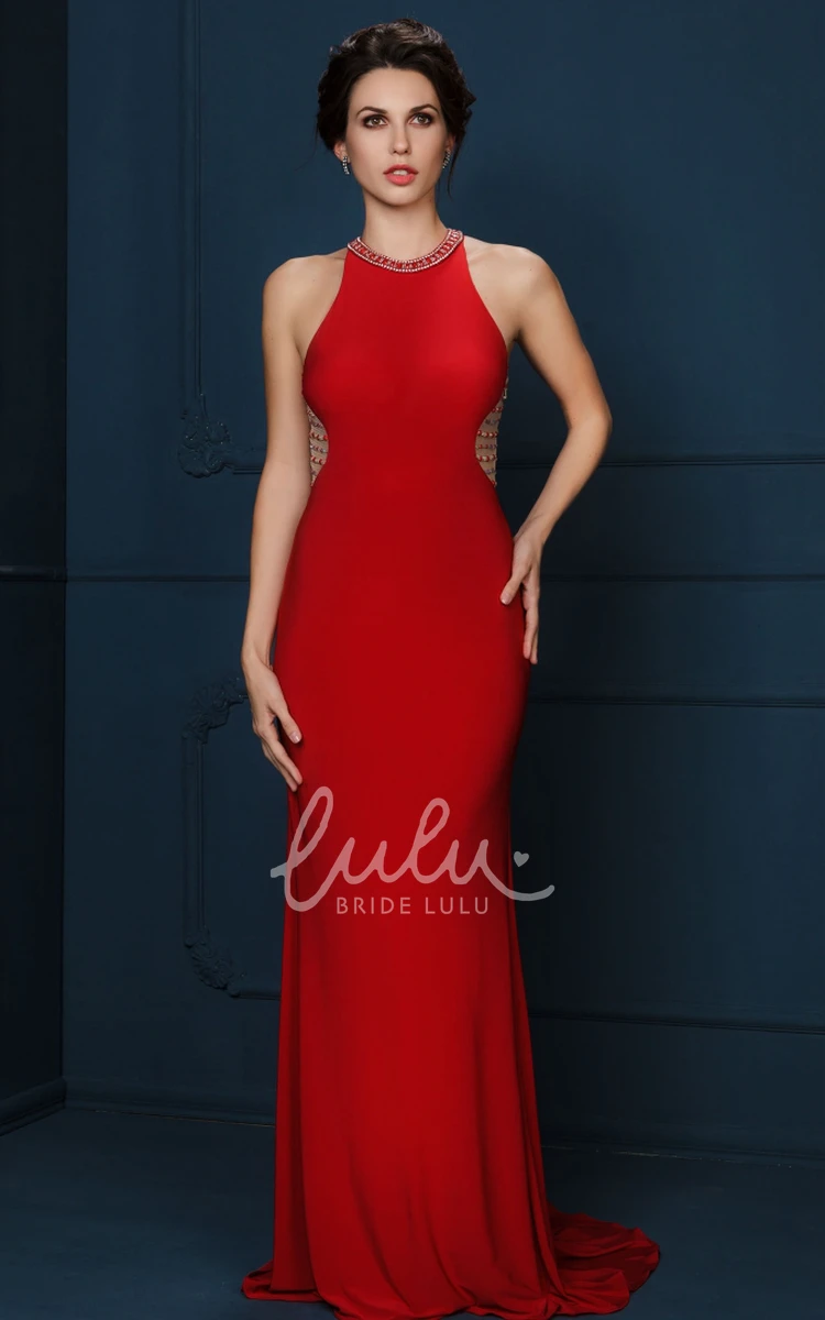 Long Scoop-Neck Sheath Beaded Evening Dress