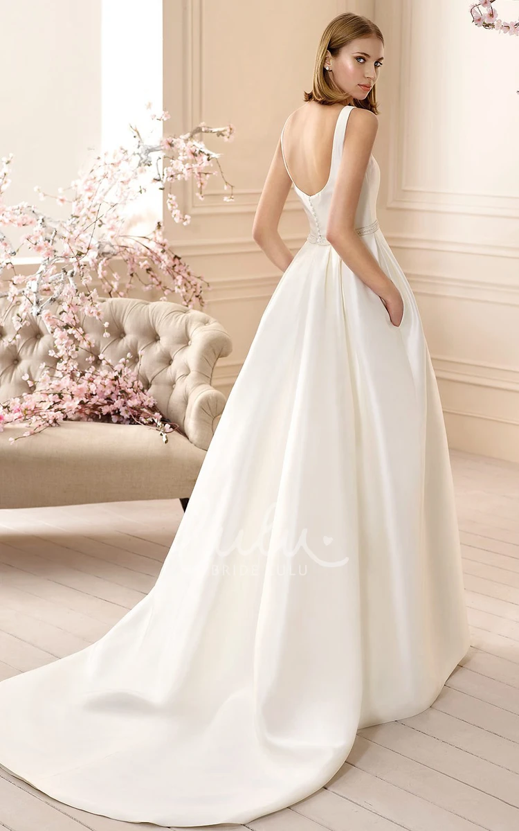 Jeweled Long Satin Wedding Dress with Square-Neck A-Line Dress for Brides
