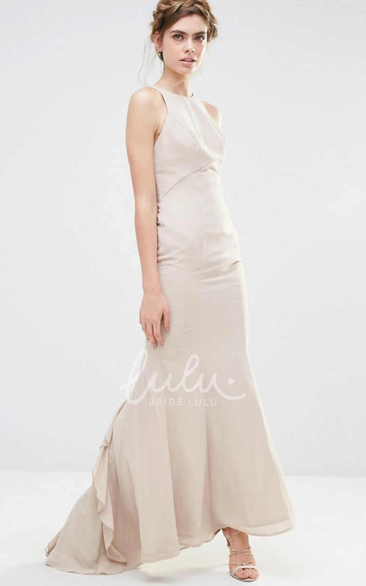 Jewel Neck Cascading-Ruffled Chiffon Bridesmaid Dress Ankle-Length