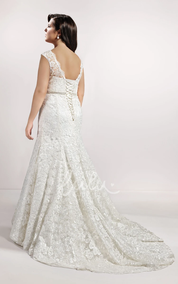 Sheath Wedding Dress with Lace Caped-Sleeves and Brush Train