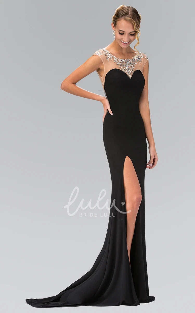 Maxi Cap-Sleeve Scoop-Neck Sheath Jersey Prom Dress with Split Front and Beading