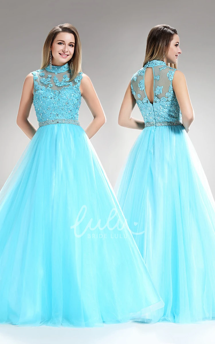 Illusion Tulle A-Line Formal Dress with Appliques and Beading