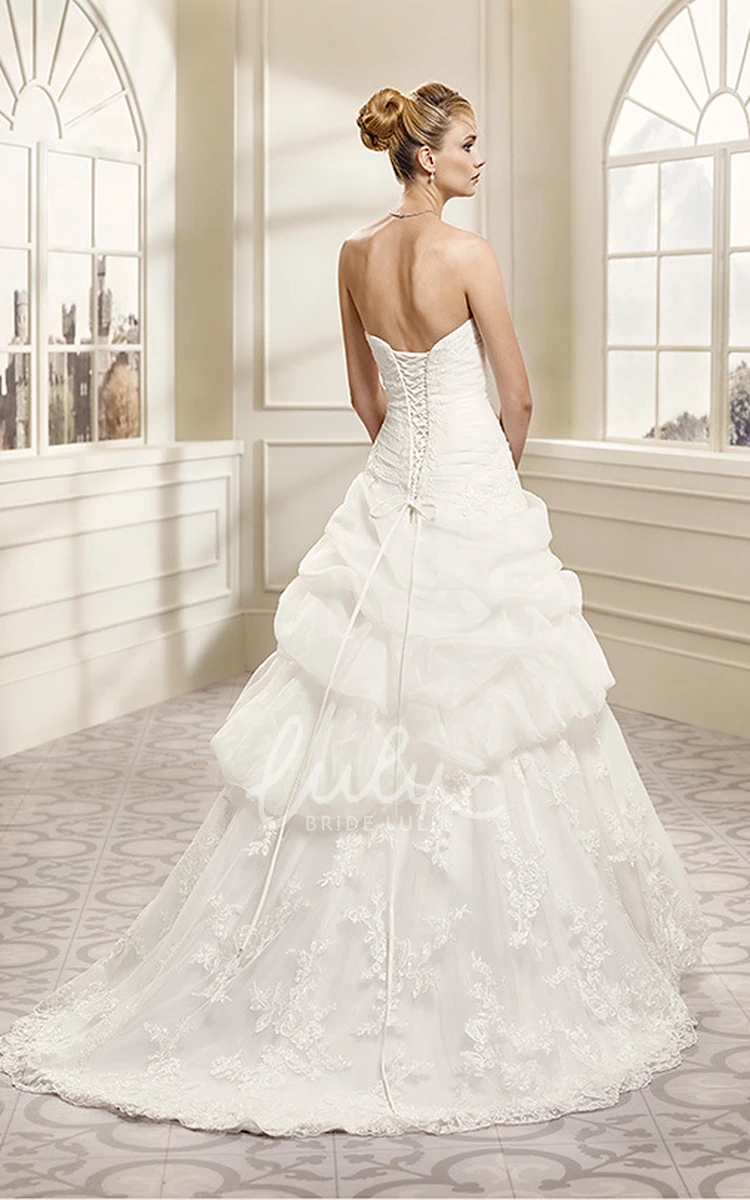 Organza Strapless Ball Gown Wedding Dress with Pick Up and Lace Up