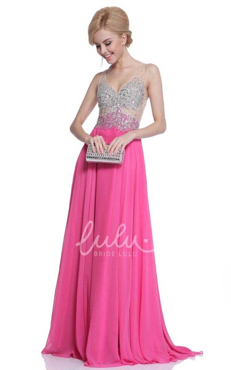 Chiffon A-Line Dress with Pleats Beading and Deep-V Back for Formal Events