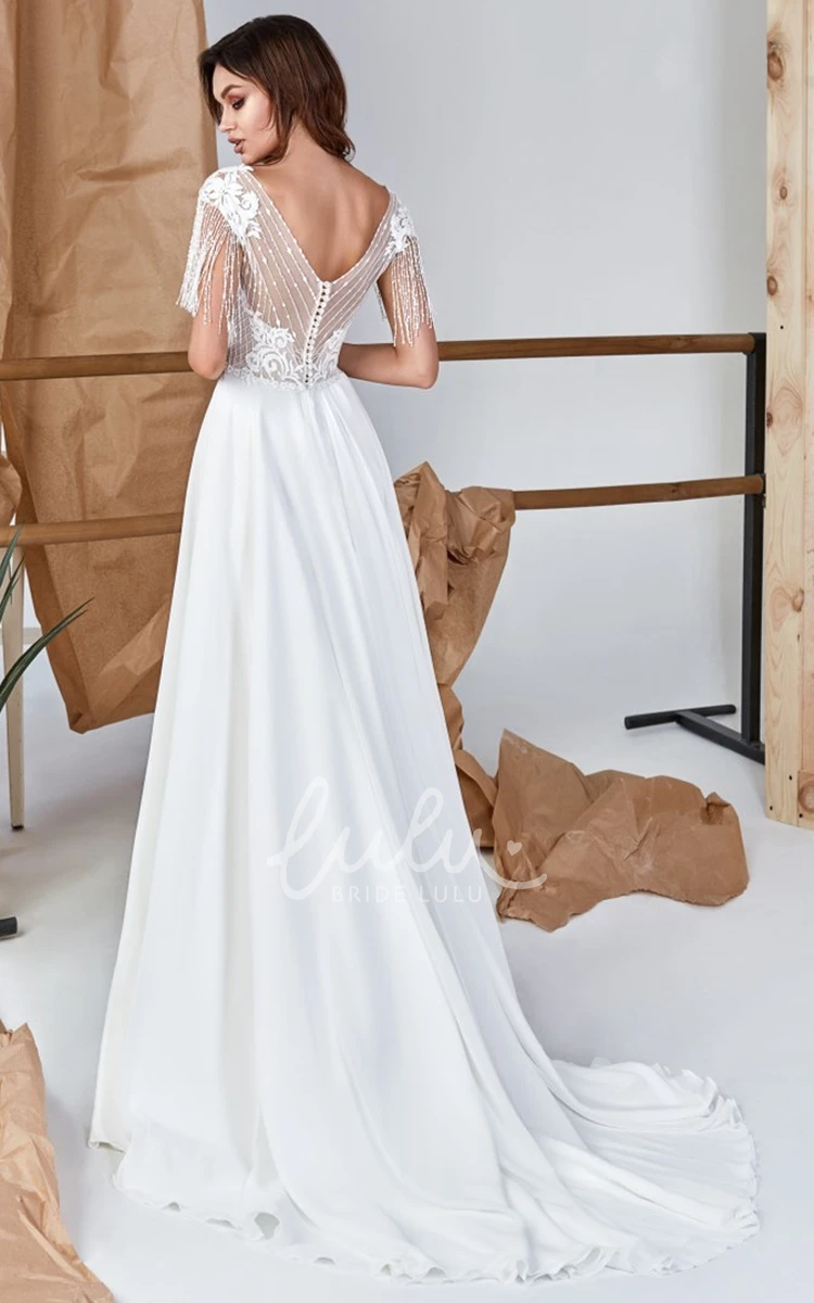 Sexy Lace Appliques A-Line Chiffon Wedding Dress with V-neck and Split Front