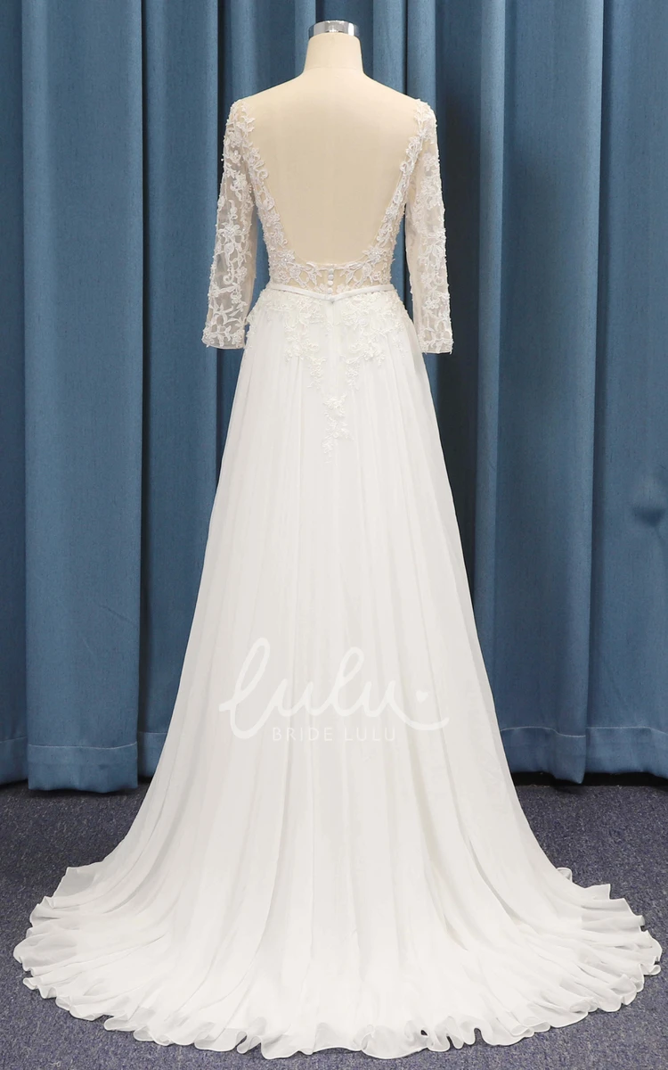 A-line Lace Top Wedding Dress with 3/4 Sleeves and Chiffon Ruching