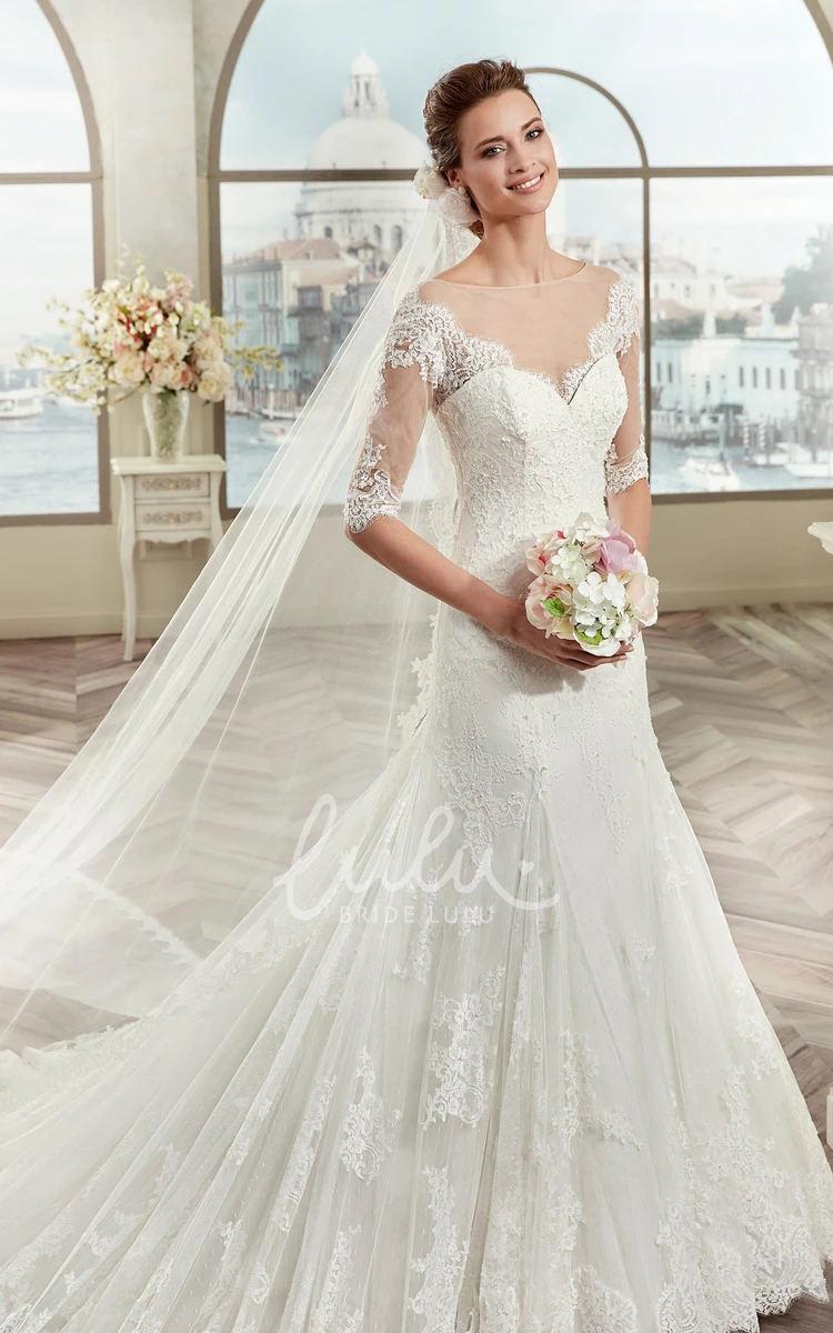 Illusive Design Lace Wedding Dress with Brush Train Half-sleeve Elegant 2025