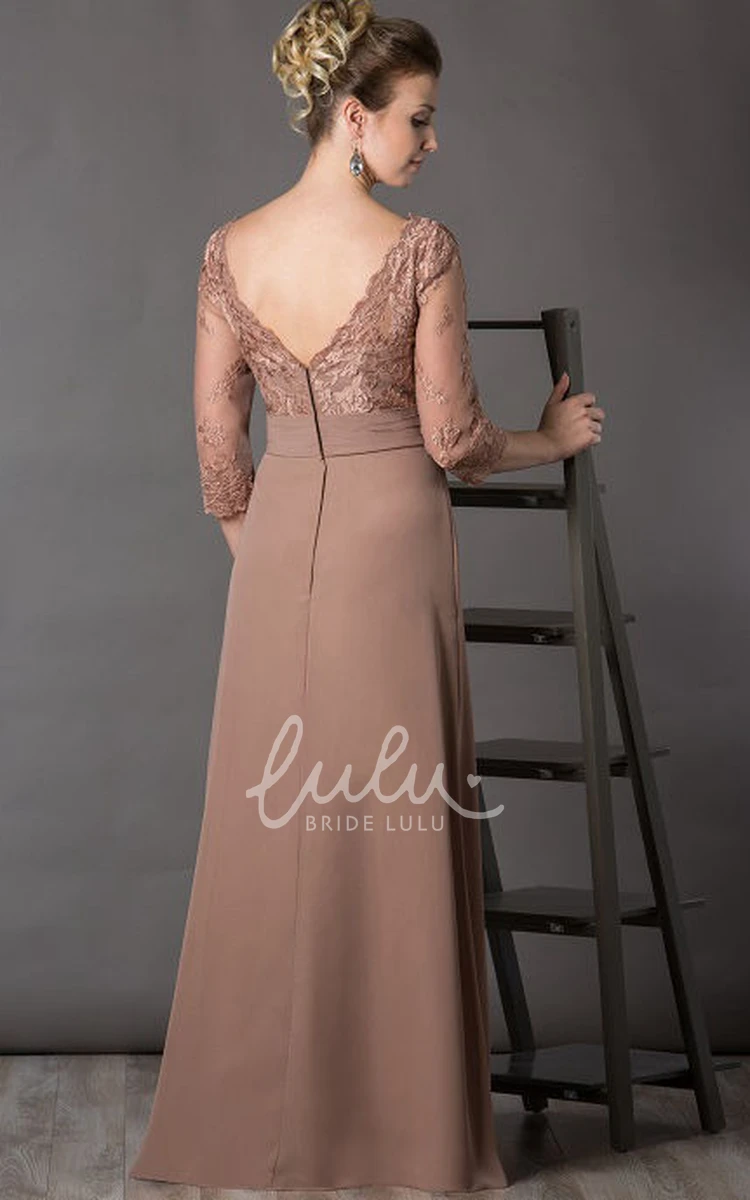 A-Line Chiffon Mother of the Bride Dress with Bateau Neck and 3/4 Sleeves Appliques Flower Draping