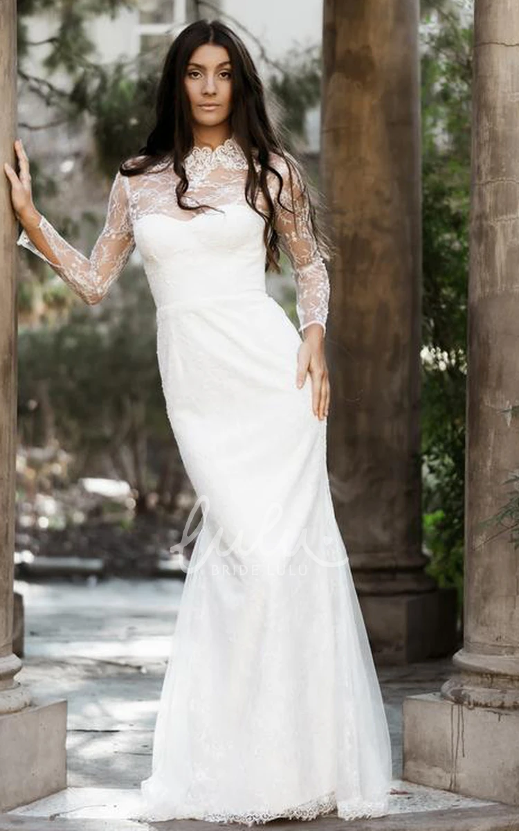 Modest High Neck Lace Wedding Dress with Long Sleeves and Keyhole Back Elegant Wedding Dress