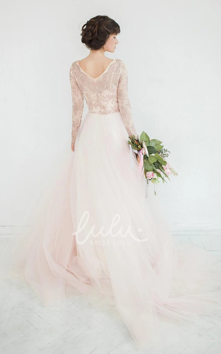 Beaded Illusion A-Line Wedding Dress with V-Neck and Long Sleeves