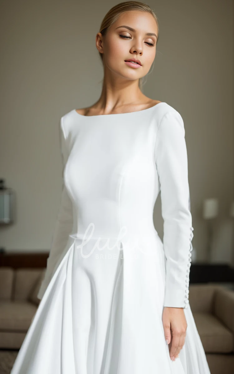 Simple Modest Long Sleeve A-Line Court Train Wedding Dress Satin Boat Neck Low Back Ball Gown