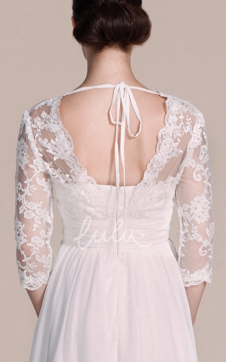 Lace Chiffon Knee-length Wedding Dress with V-neck and 3/4 Sleeves