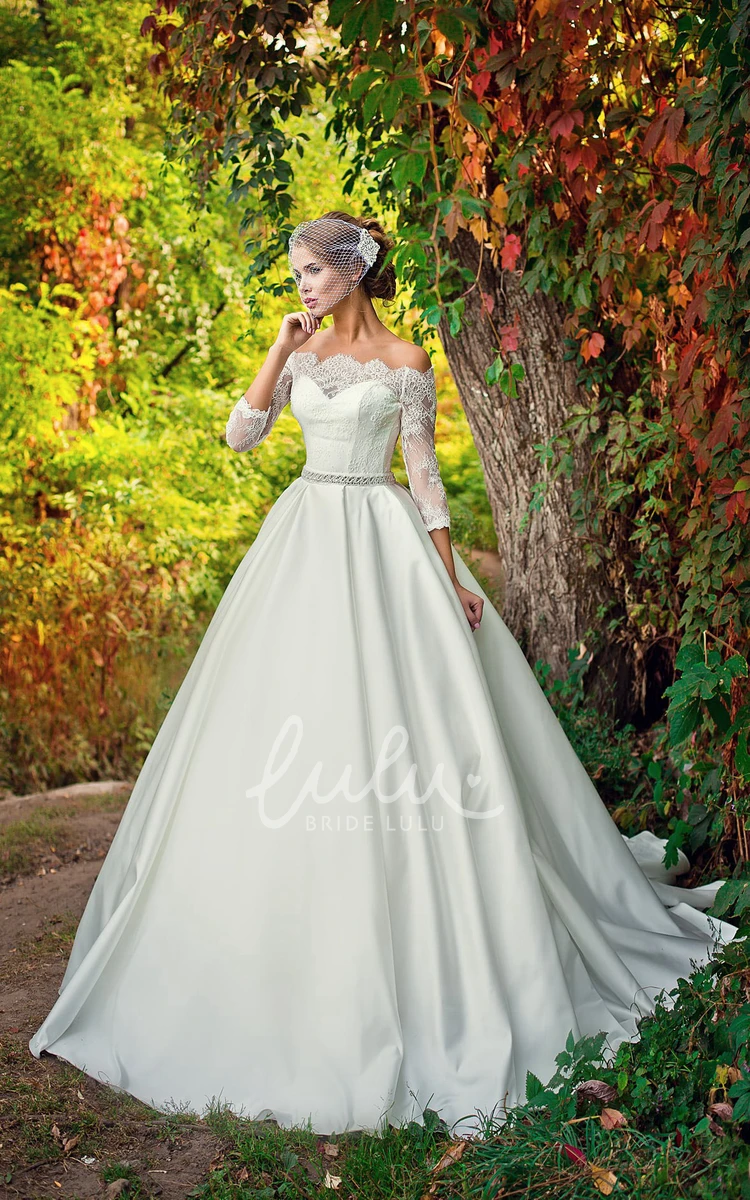 A-line Lace Bodice Satin Wedding Dress with Beaded Waist and Off-Shoulder