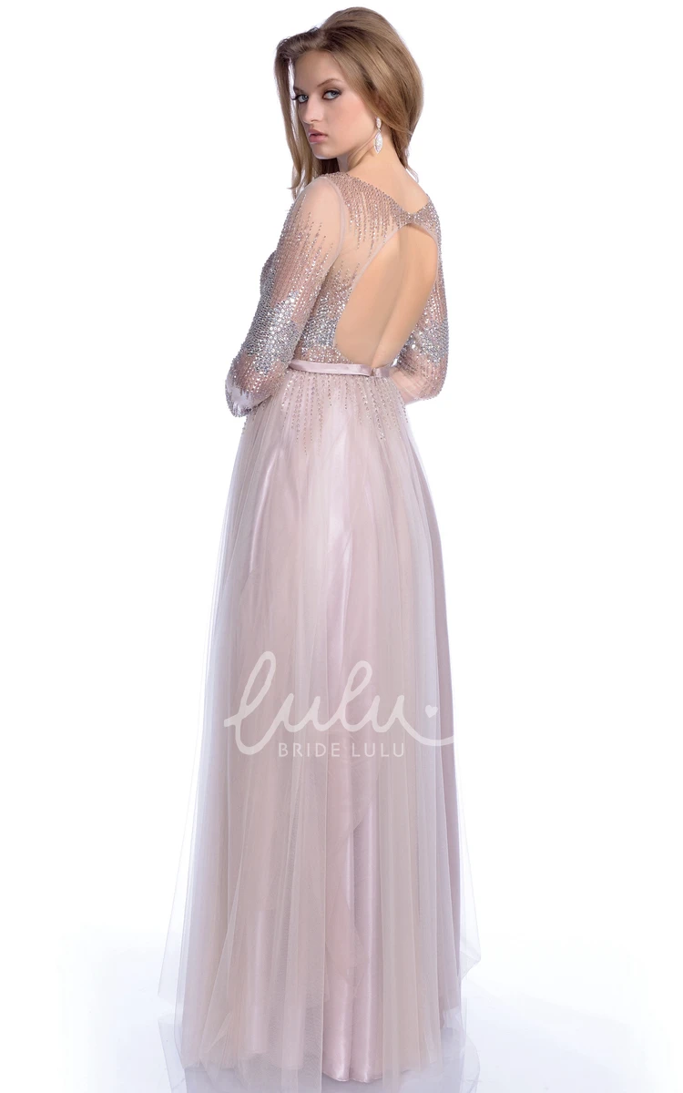 Bateau Neck A-Line Tulle Prom Dress with Sequined Bodice Long Sleeve