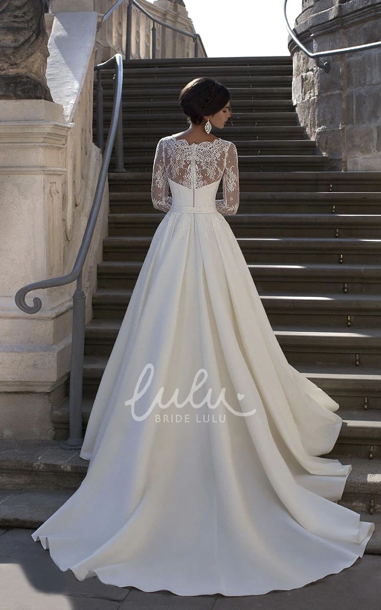 Satin V-neck A-line Wedding Dress with Lace Back and Long Sleeves