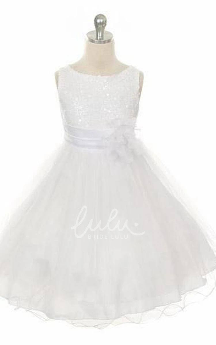 Floral Sequins&Satin Flower Girl Dress Tea-Length with Sash