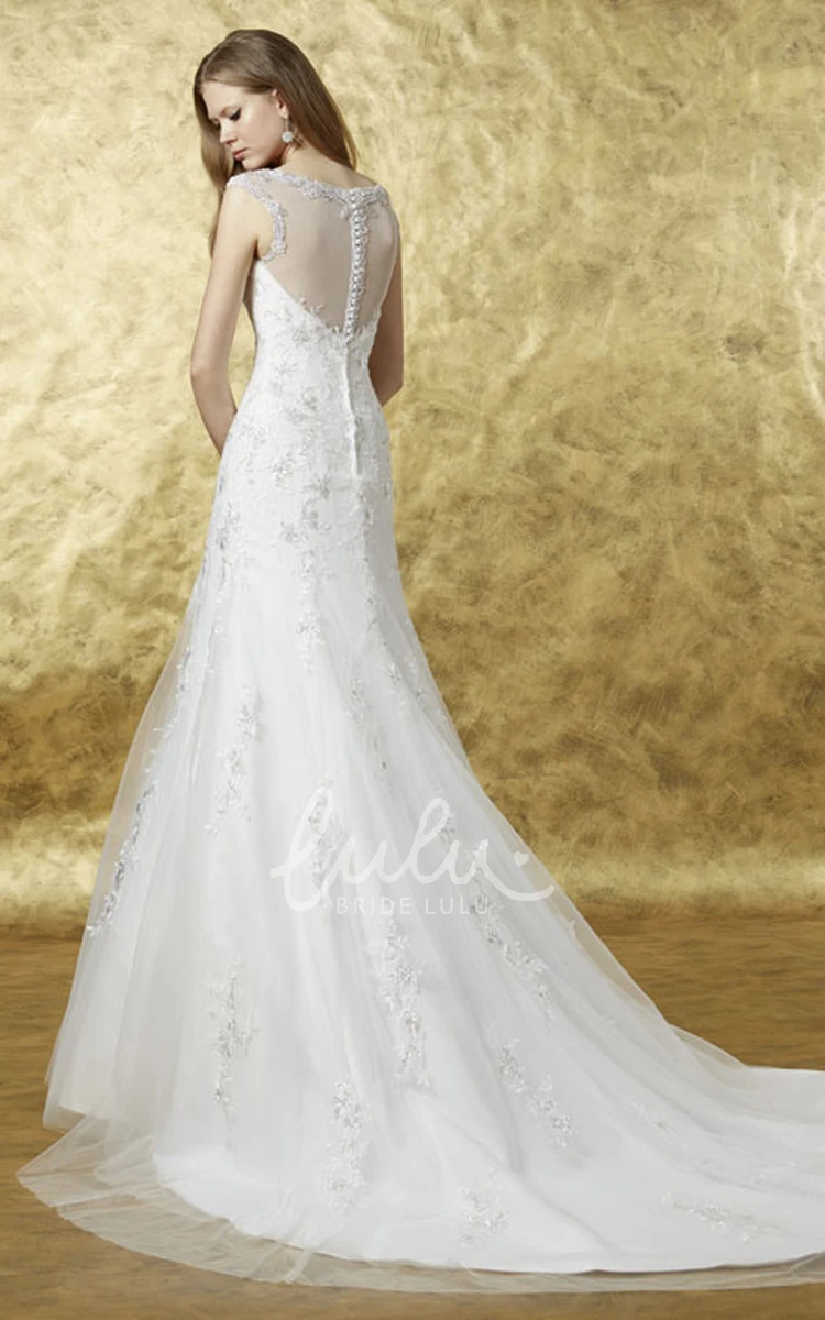 A-Line Tulle Wedding Dress with Appliques Scoop Cap-Sleeve Floor-Length Illusion Back Chapel Train